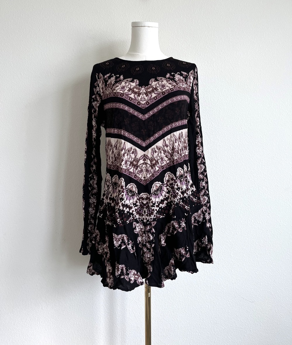 Free People Boho Tunic Top / Mini Dress - Mixed Print Open Back - Size M